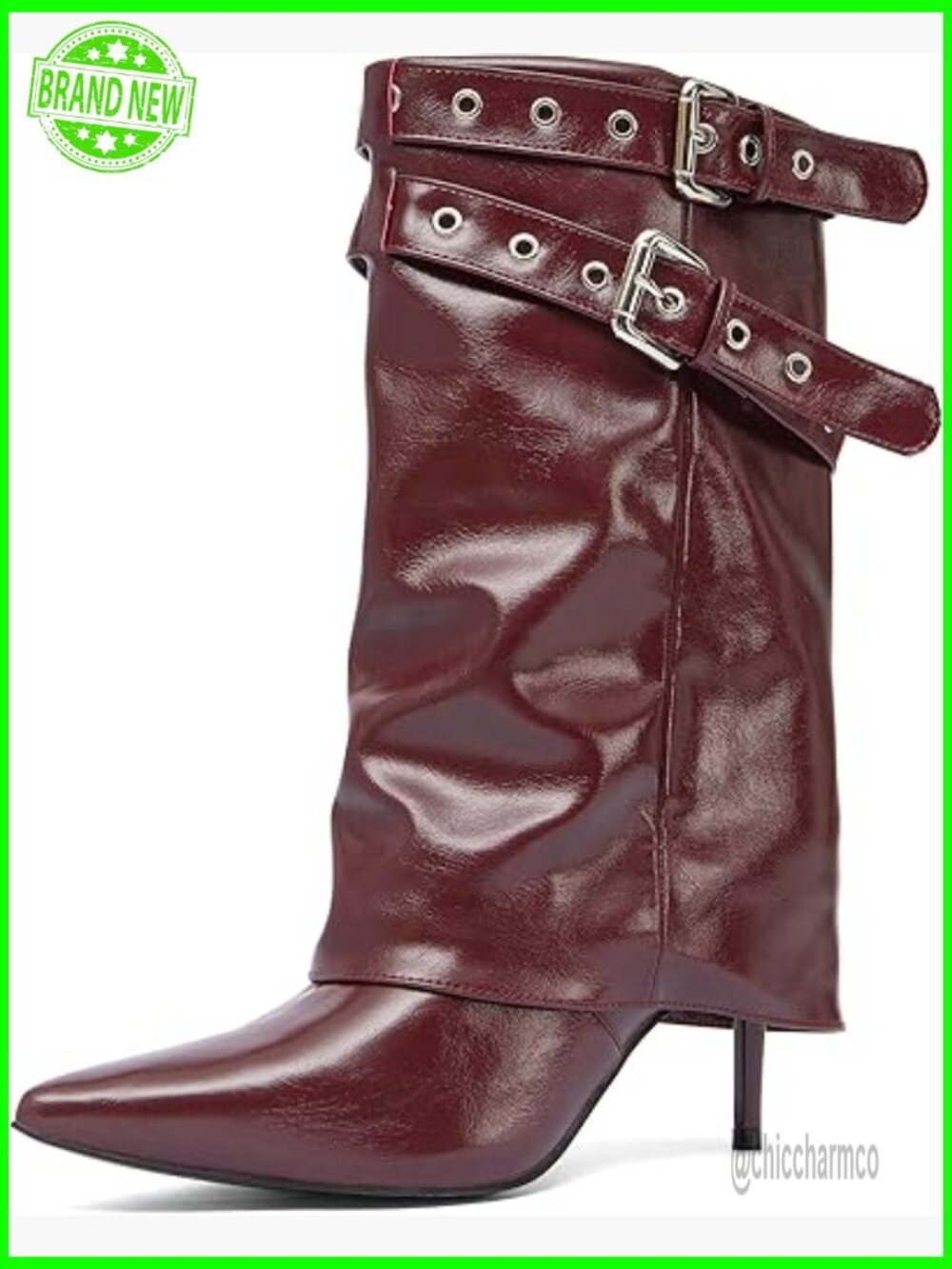 Pointed Toe Stiletto Heel Boots Fold Over Mid Calf Womens